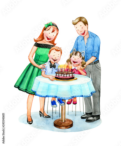 Family selebrate Birthday.Watercolor illustration. photo