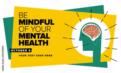 World Mental Health Day. Vector illustration of man with mindful brain. Meditation and Mindfulness Concept.