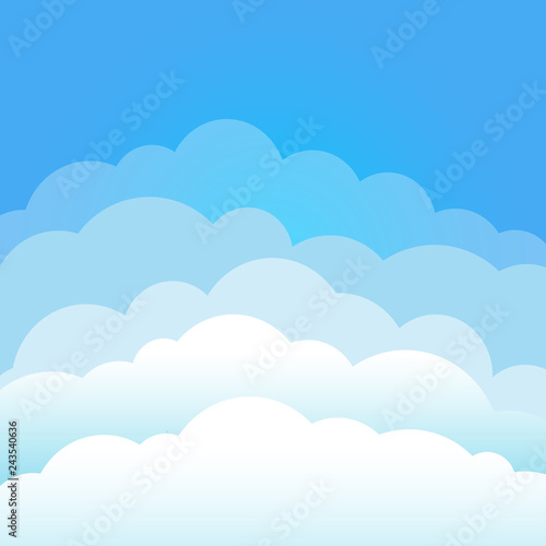 Sky and clouds. Cartoon cloudy background. Heaven scene with blue sky and white cloud. Isolated Vector illustration