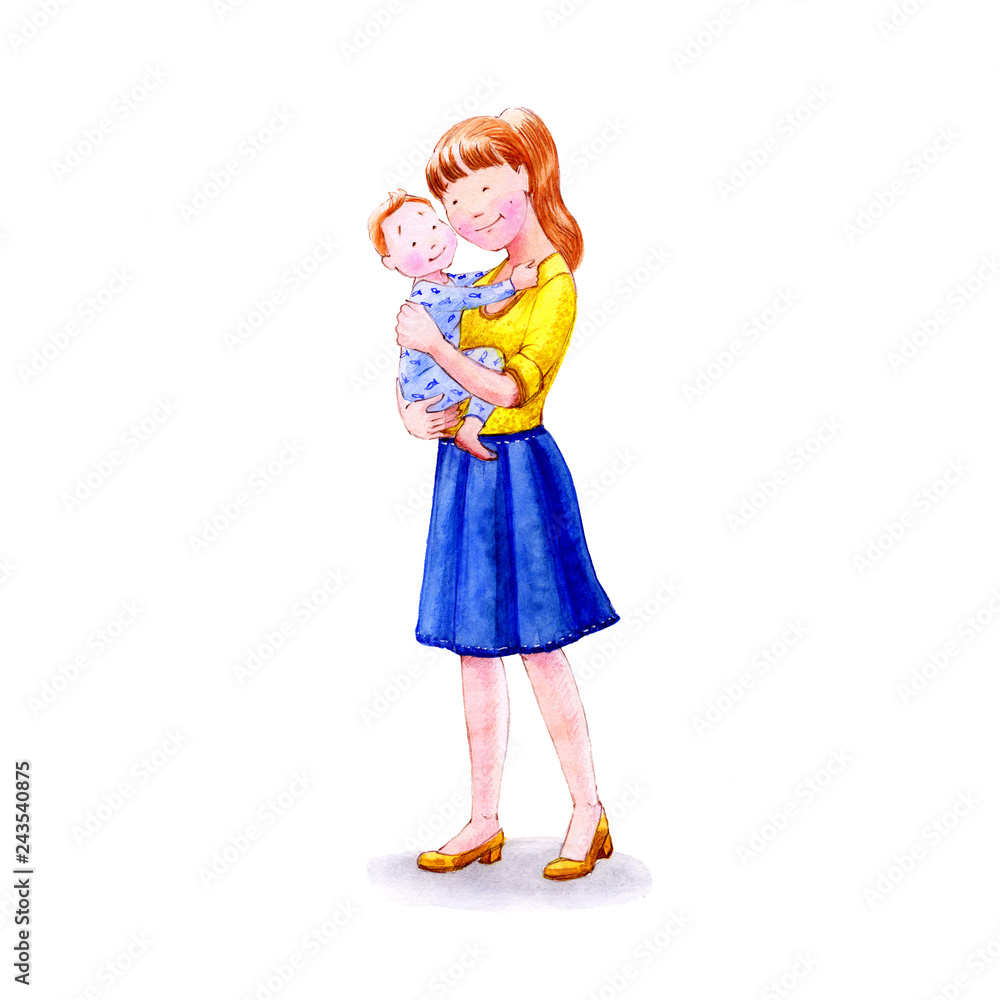 young mom with a babe. Watercolor illustration. young mom with a babe. Watercolor illustration.
