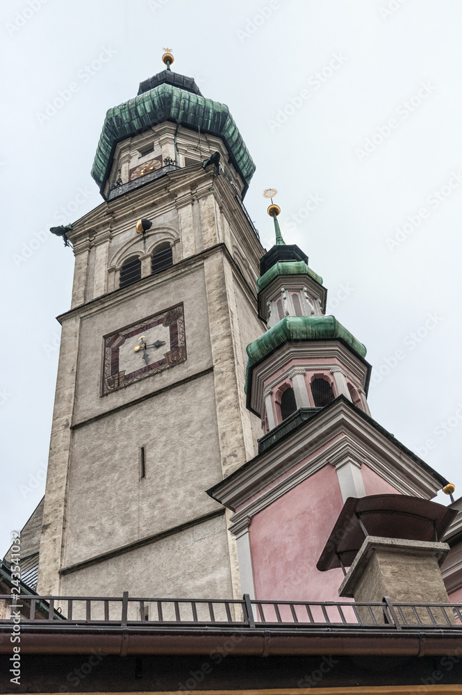 The parish church St Nicolas's Stadtpfarrkirche on the central square Oberer Stadtplatz, the true heart of the historic city center of Hall in Tyrol, Austria