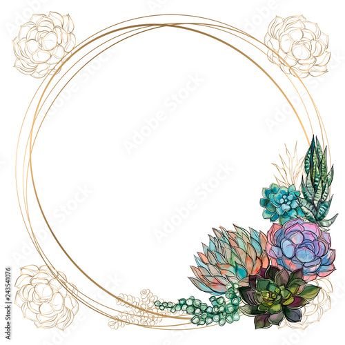 Round gold frame with succulents. Vector. Watercolor. Graphics