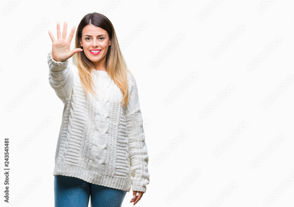 Young beautiful woman casual white sweater over isolated background showing and pointing up with fingers number five while smiling confident and happy. Young beautiful woman casual white sweater over isolated background showing and pointing up with fingers number five while smiling confident and happy.