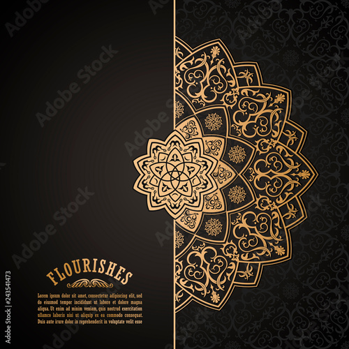Vintage luxury decorative design of golden mandala. Vector background for greeting card
