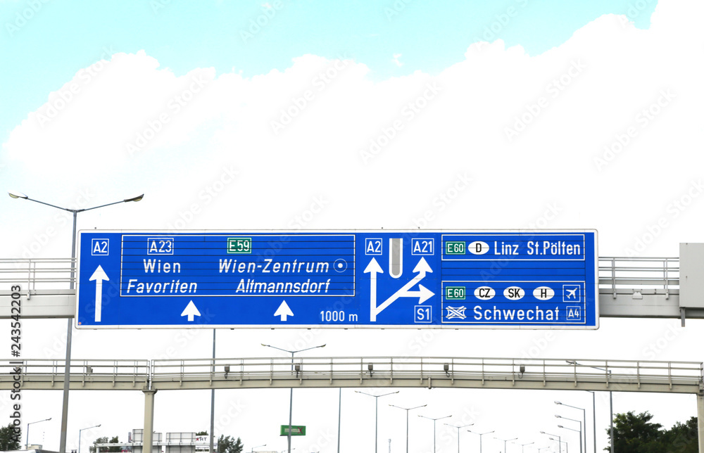 highway sign with directions to go in the city of Vienna or Wien and the written in austrian language near the border