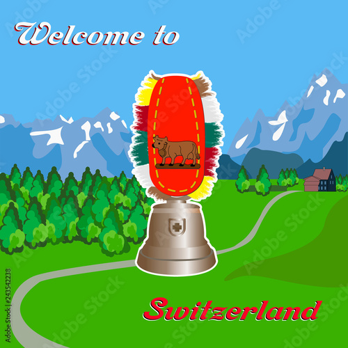 on the background of mountains and forests depicts a bell with a stylized Swiss flag.