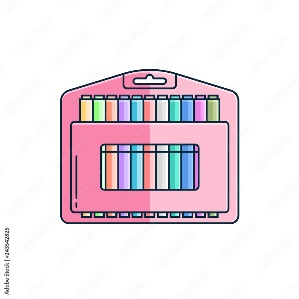 Marker box with different colorful felt-tip pens - flat color line icon on  isolated background. School supply item, element, pictogram, object in  outline design. Vector set of multicolor higlighters. Stock Vector