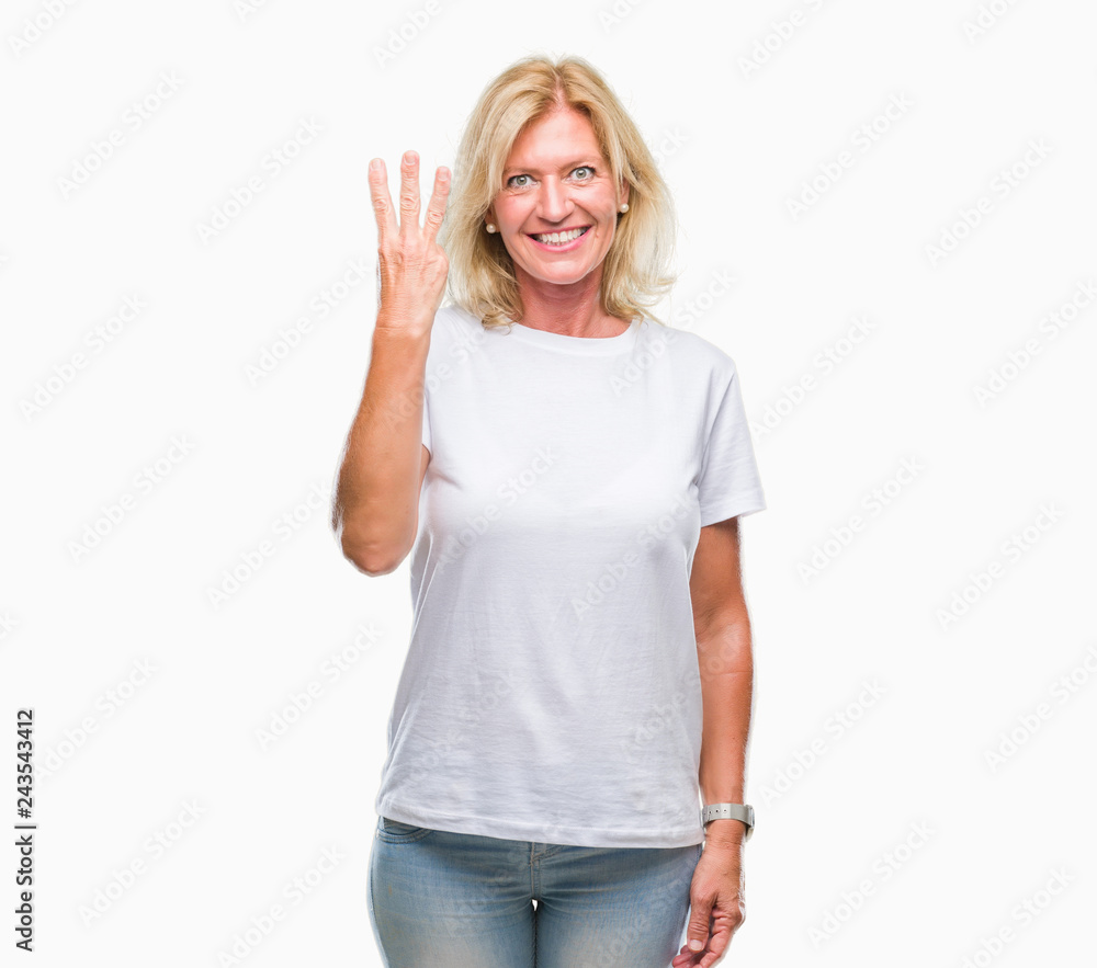 Middle age blonde woman over isolated background showing and pointing up with fingers number three while smiling confident and happy. Middle age blonde woman over isolated background showing and pointing up with fingers number three while smiling confident and happy.
