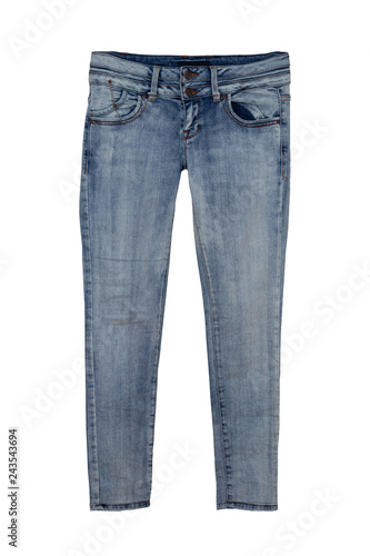 Blue jeans trousers isolated on white background. Fashionable denim pants for woman. Front view.