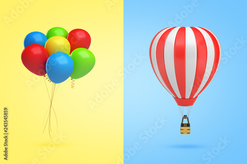 3d rendering of a bundle of multicolored balloons on yellow background on the left and of a hot-air balloon on light-blue background on the right.