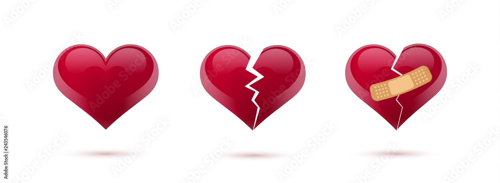 Broken hearts vector set of 3d realistic icons and symbols. Isolated in white background. Vector illustration Broken hearts vector set of 3d realistic icons and symbols. Isolated in white background. Vector illustration