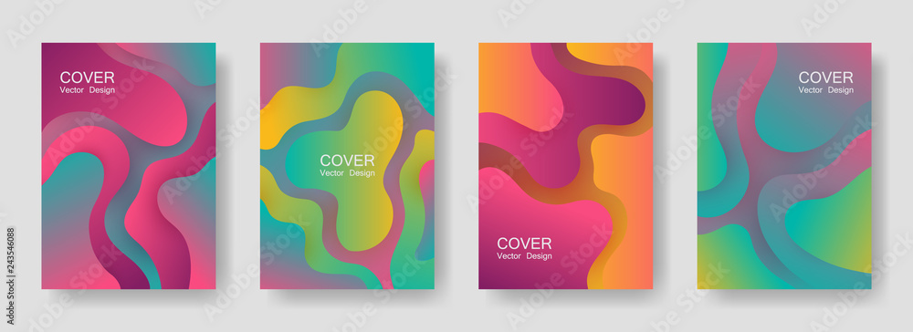 Gradient fluid shapes abstract covers vector set. Retro poster backgrounds design. Flux paper cut effect blob elements pattern, fluid wavy shapes texture print. Cover pages.