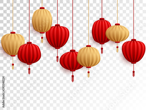 Red and gold chinese lanterns on transparent.