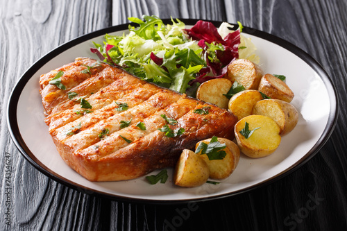 Photography Grill steak swordfish served baby potato and fresh salad close-up on a black background