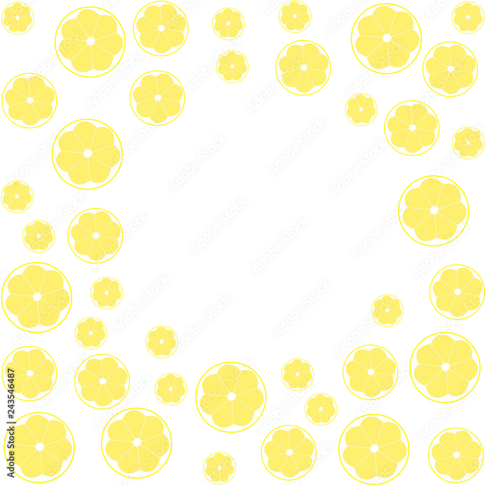 Fruit frame of bright light cut round slices yellow lemons on a white background. Template for card, poster, banner. flat illustration. Healthy food design Fruit frame of bright light cut round slices yellow lemons on a white background. Template for card, poster, banner. flat illustration. Healthy food design
