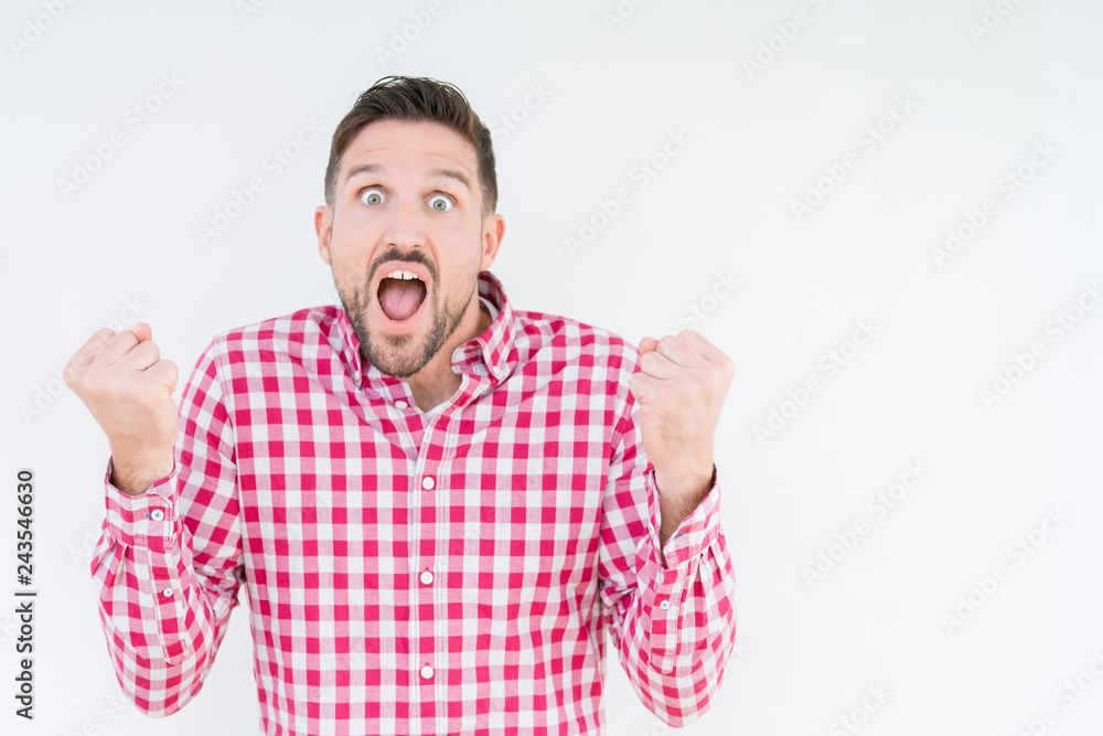 Young handsome man wearing shirt over isolated background celebrating surprised and amazed for success with arms raised and open eyes. Winner concept. Young handsome man wearing shirt over isolated background celebrating surprised and amazed for success with arms raised and open eyes. Winner concept.