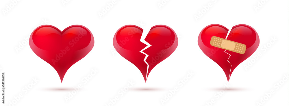 Broken hearts vector set of 3d realistic icons and symbols. Isolated in white background. Vector illustration