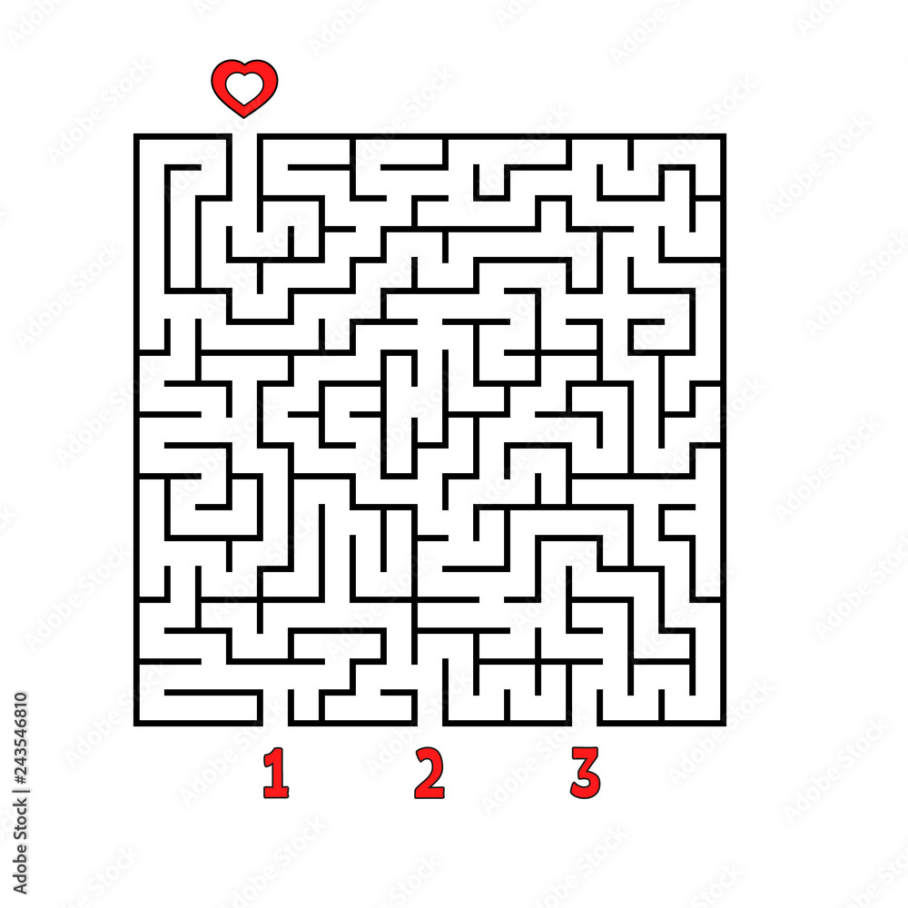 Abstract square maze. Game for kids. Puzzle for children. Find the right path to the heart. Labyrinth conundrum. Flat vector illustration isolated on white background. Abstract square maze. Game for kids. Puzzle for children. Find the right path to the heart. Labyrinth conundrum. Flat vector illustration isolated on white background.