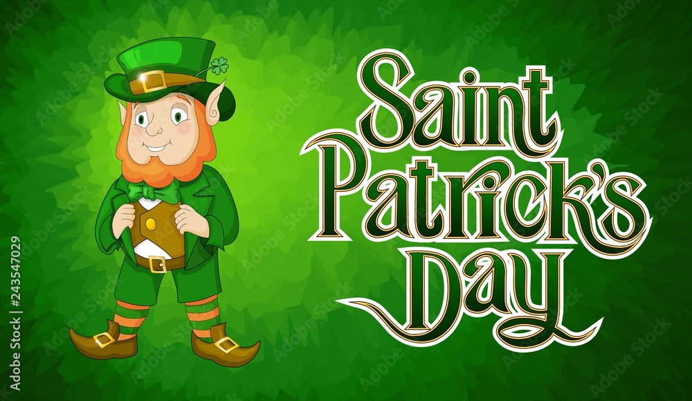Fototapeta premium Card for St. Patricks Day with leprechaun in a suit. Happy Saint Patricks Day