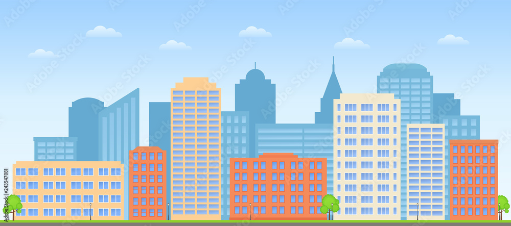 Cityscape. Vector. Buildings city background. Street skyline. Urban landscape. Skyscraper in flat design. Town exterior. Cartoon illustration. Modern business houses and offices. Horizontal banner.