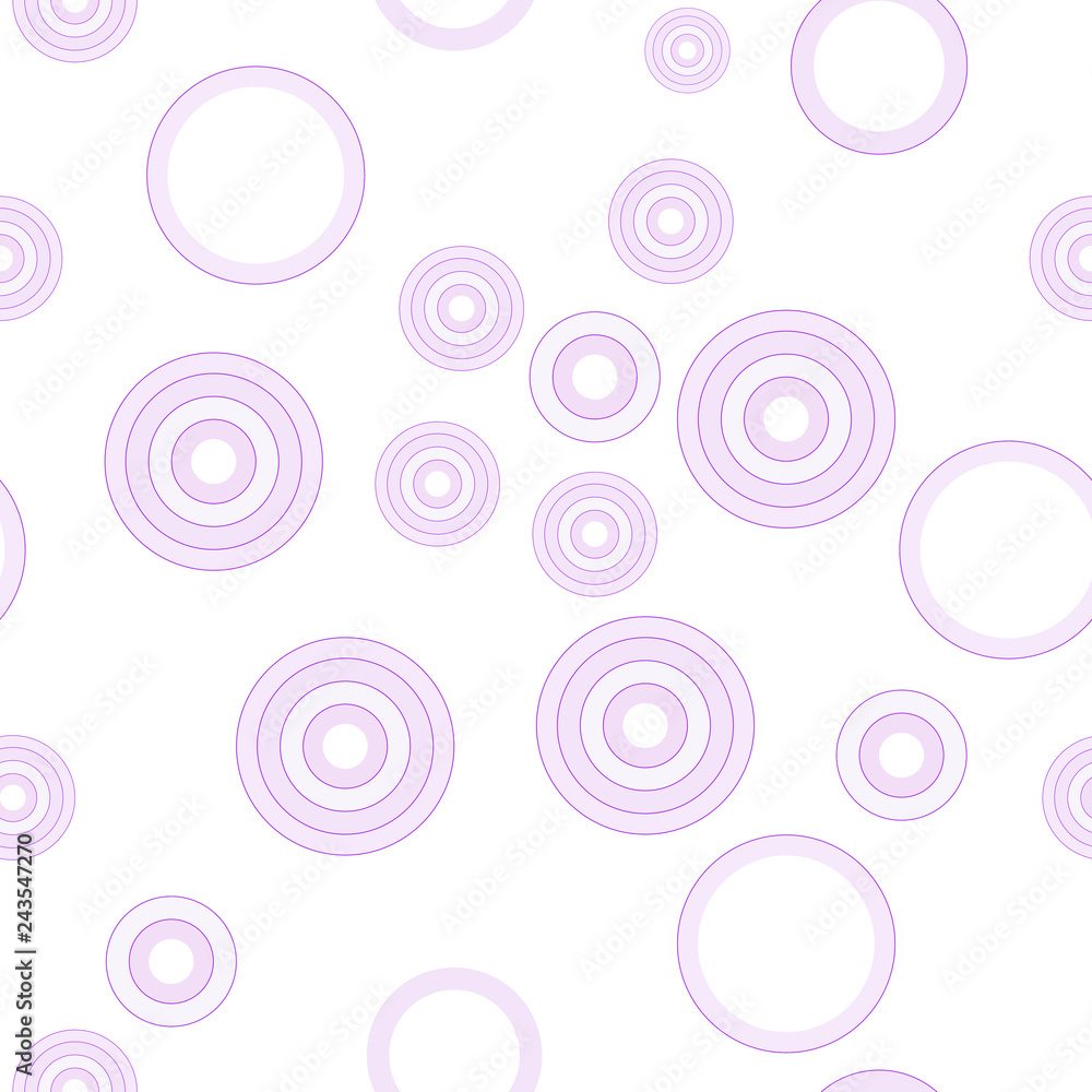 Red onion cut food seamless pattern with round slices rings different size on white background. Vector flat design. Simple purple endless texture. Vegetable slice backdrop