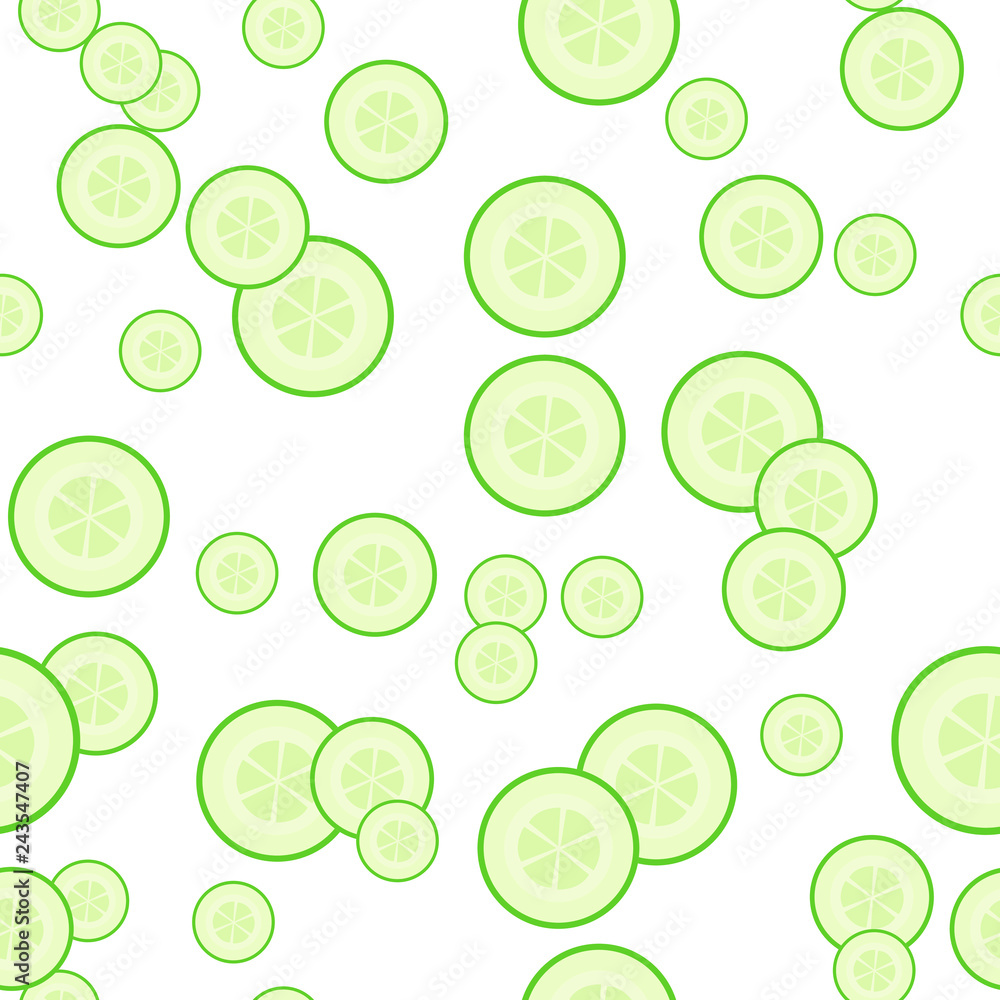 Cucumber seamless pattern with fresh pieces of green vegetable on white. Healthy organic vegan background. Endless texture with circle slices.  Vegetable backdrop. Flat meal illustration