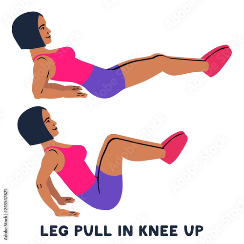 Leg pull in knee up. Sport exersice. Silhouettes of woman doing exercise. Workout, training.