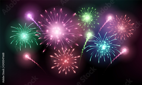 Bright colorful fireworks sparkles composition shining on black sky, red, green, blue and pink bursting, holiday celebrating, vector illustration