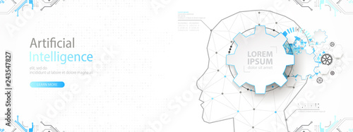 Artificial intelligence (AI) and big data concept. Machine cyber mind.  Humen face with binary data flow. Technology vector background.