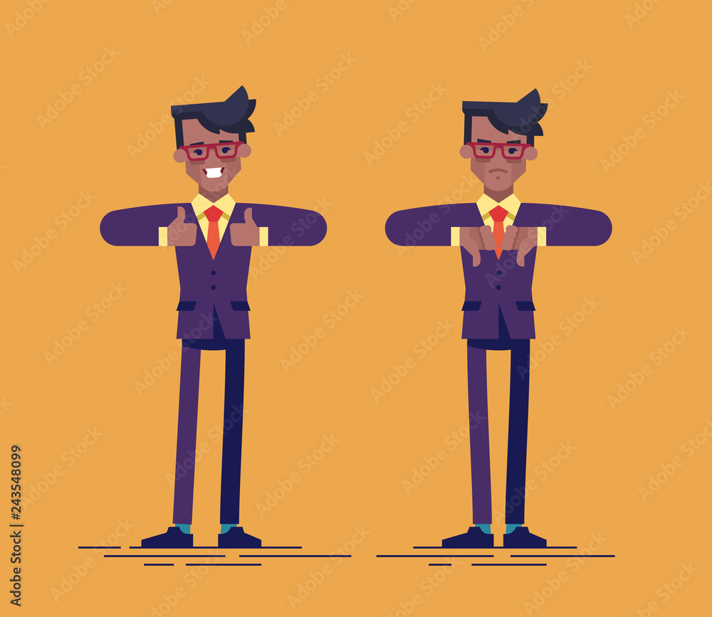 Handsome african american businessman is showing thumb up and thumb down. Flat vector illustration. Handsome african american businessman is showing thumb up and thumb down. Flat vector illustration.