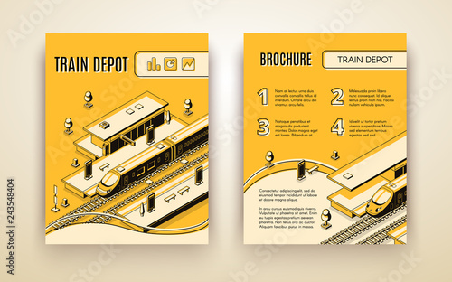 Vector brochure template for train depot. 3d isometric vehicle on railroad and station. Booklet in thin line style, transport logistics. Yellow background with terminal for high-speed subway.