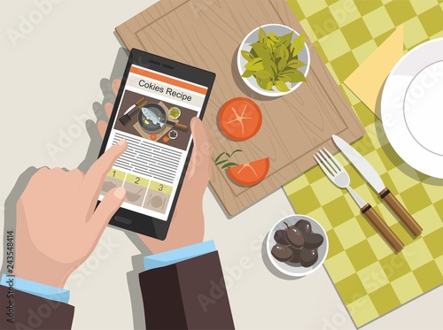 Man looking for a cooking recipe on the phone.  Vector Illustration