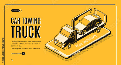Car towing truck online service isometric vector web banner. Flatbed truck with crane carrying car on smartphone screen line art illustration. Road assistance company mobile application landing page