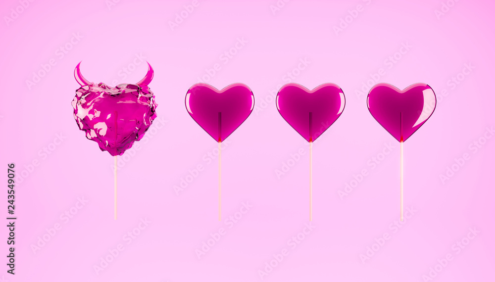 Minimal 3D illustration of tasty sweet hear-shaped hard candies and lolipops on pink background. Valentine's day concept.