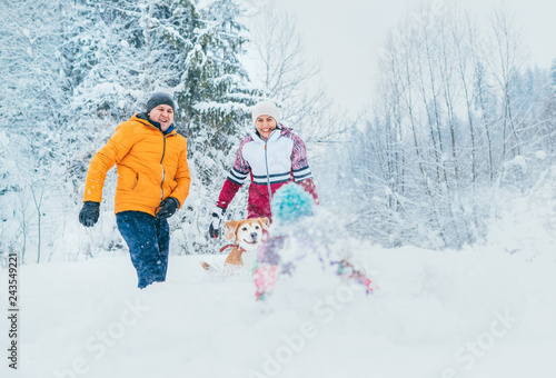 Mother and father family fooling in snow forest by throwing their little daugher to snowdrift