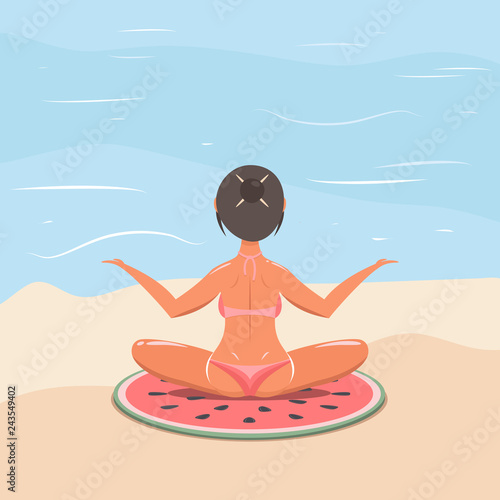 girl in a swimsuit on the beach doing yoga. vector illustration.