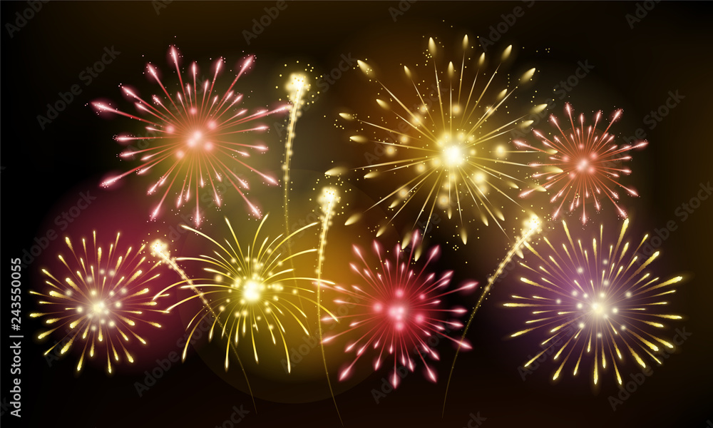 Fototapeta premium Bright colorful fireworks sparkles composition shining on night sky, red, pink and gold bursting, holiday celebrating, vector illustration