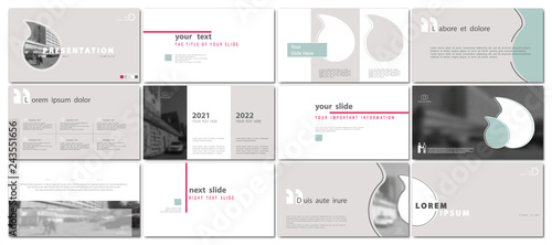 Template presentation. Green, red, white background. Multipurpose template for slides, business infographics. Urban photos. Postcard, corporate report, marketing, advertising, annual report, digital