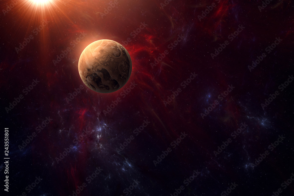 Red planet near sun. The planet of Venus near the sun. Space illustration background with planet. Sci-fi art space illustration