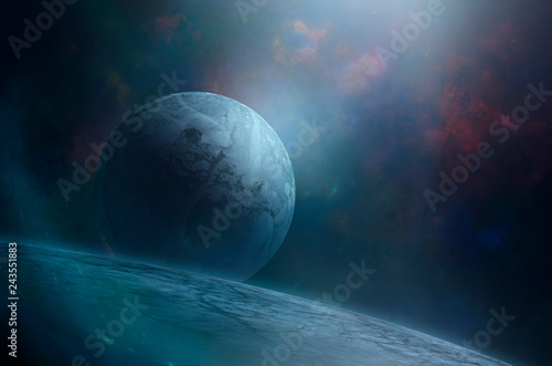 Blue moon rising over giant cold ice planet in outer space. Mysteriou sci-fi space illustration of cold frozen world