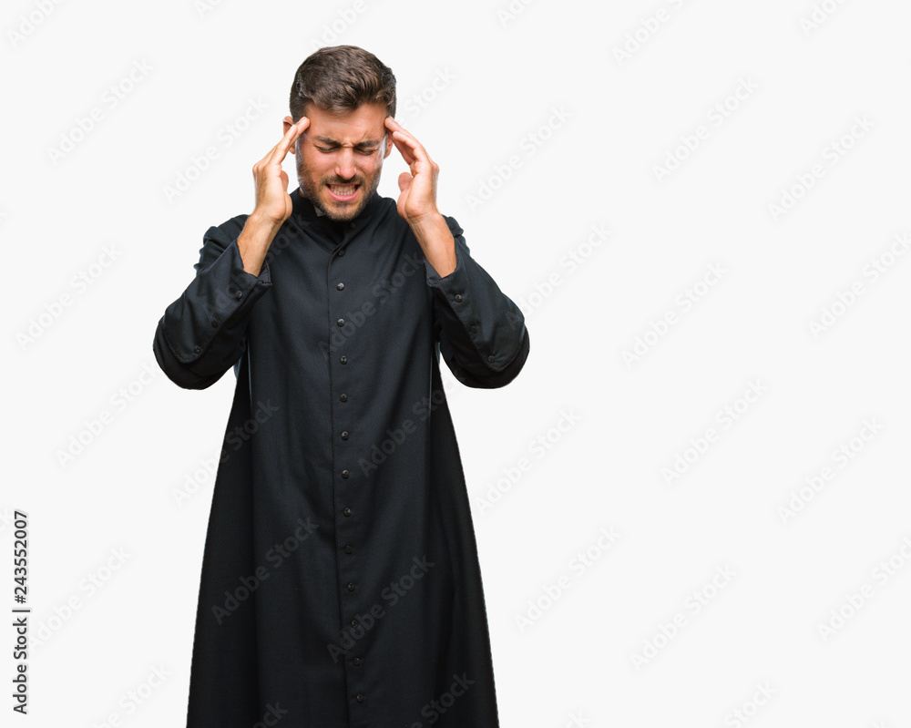 Young catholic christian priest man over isolated background with hand on head for pain in head because stress. Suffering migraine. Young catholic christian priest man over isolated background with hand on head for pain in head because stress. Suffering migraine.