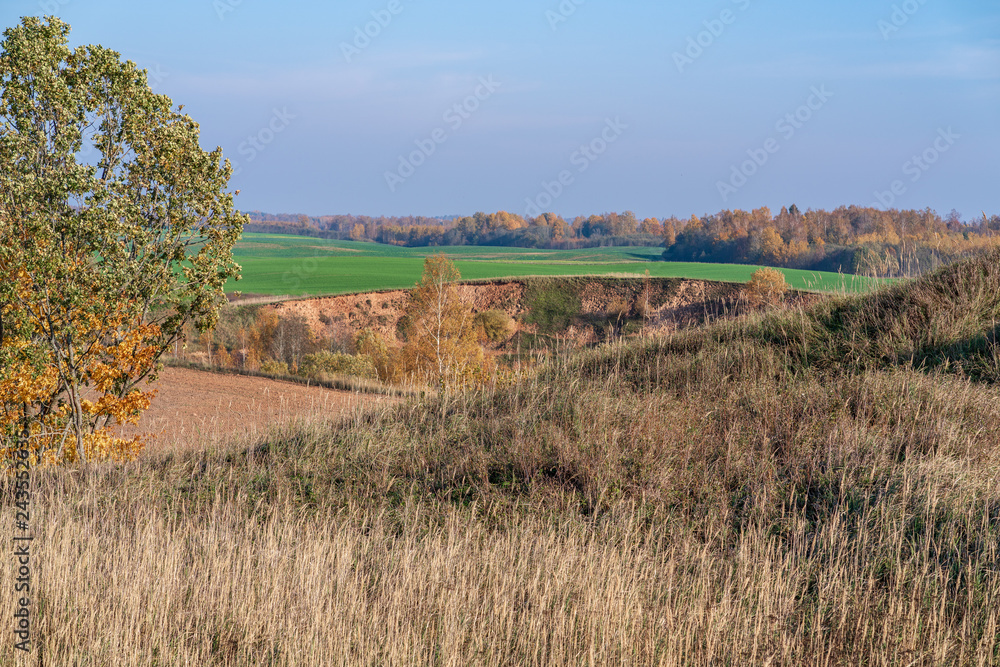 beautiful countryside landscape with autumn colors; view from hill to green field, distant forest, foreground sand digging career