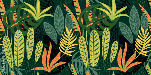 Abstract seamless pattern with tropical leaves. Vector template.