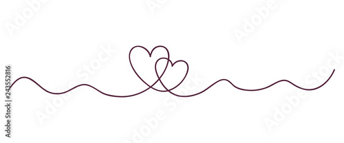 Continuous line art drawing. Couple of hearts symbolize love. Abstract hearts woman and man. Vector illustration