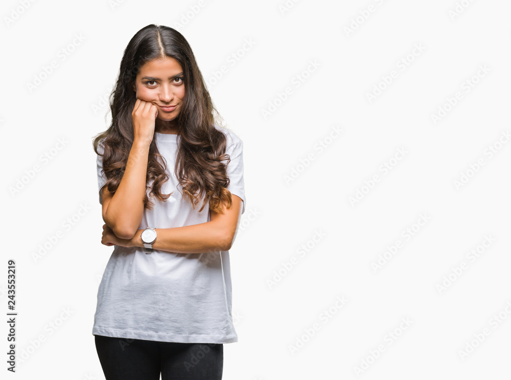 Young beautiful arab woman over isolated background thinking looking tired and bored with depression problems with crossed arms. Young beautiful arab woman over isolated background thinking looking tired and bored with depression problems with crossed arms.