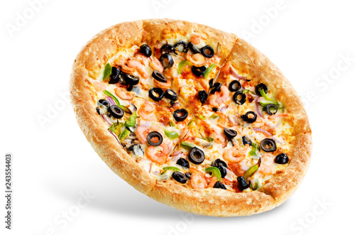 Pizza with shrimp, olives, green pepper and onion isolated