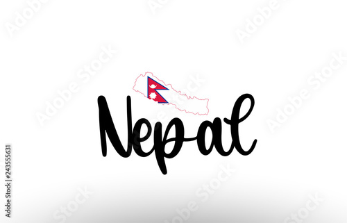 Nepal country big text with flag inside map concept logo