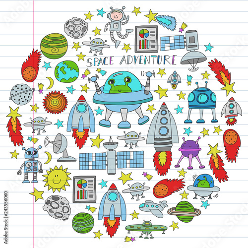 Vector set of space elements icons in doodle style. Painted, colorful, pictures on a piece of linear paper on white background.