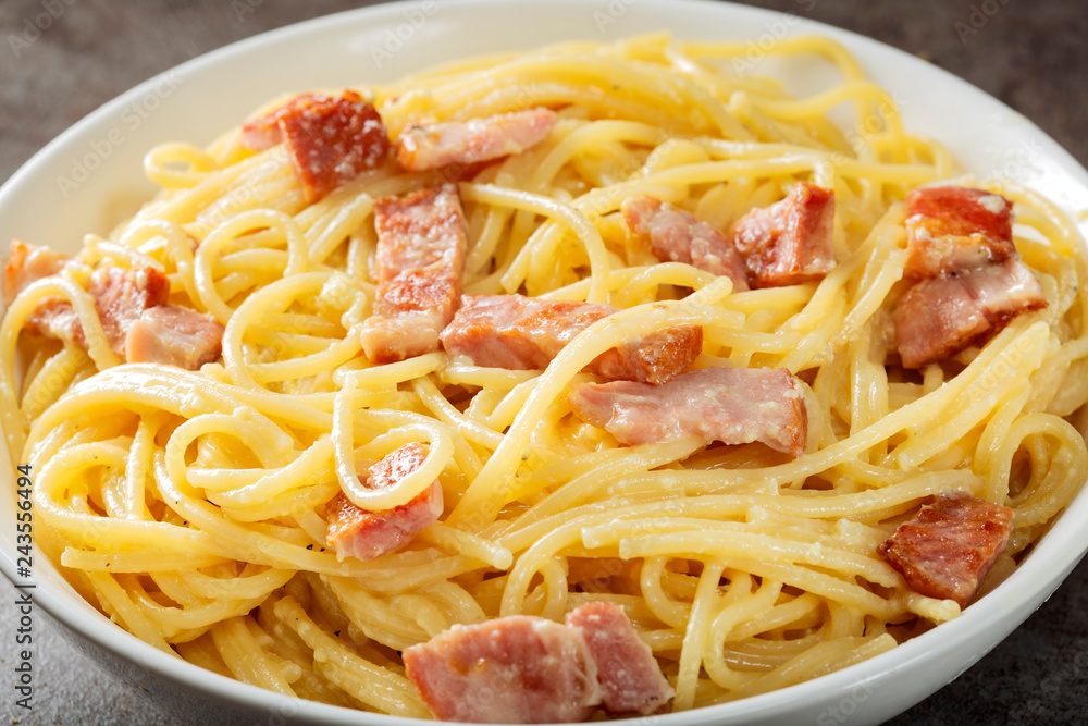 Spaghetti carbonara with pancetta, eggs and cheese Spaghetti carbonara with pancetta, eggs and cheese