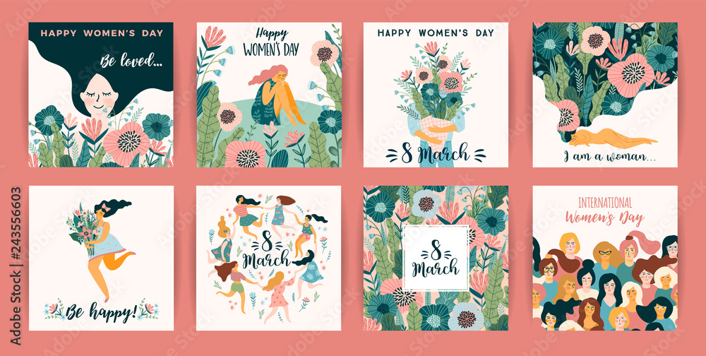International Women s Day. Vector templates with cute women.